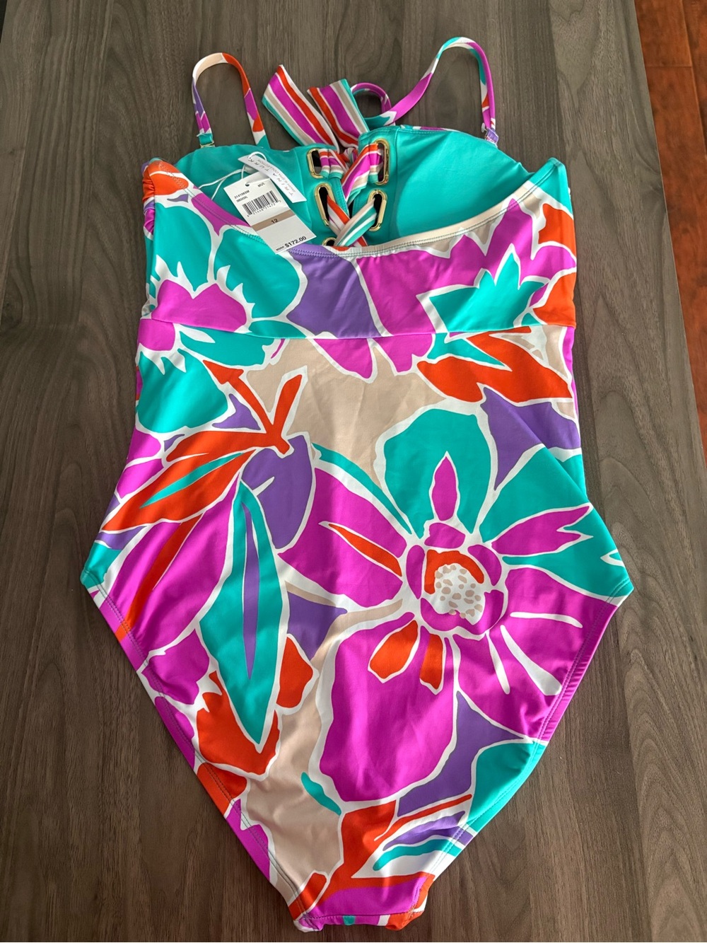 Trina Turk Floral Halter One-Piece Swimsuit in Pink Teal Orange - Picture 7 of 16